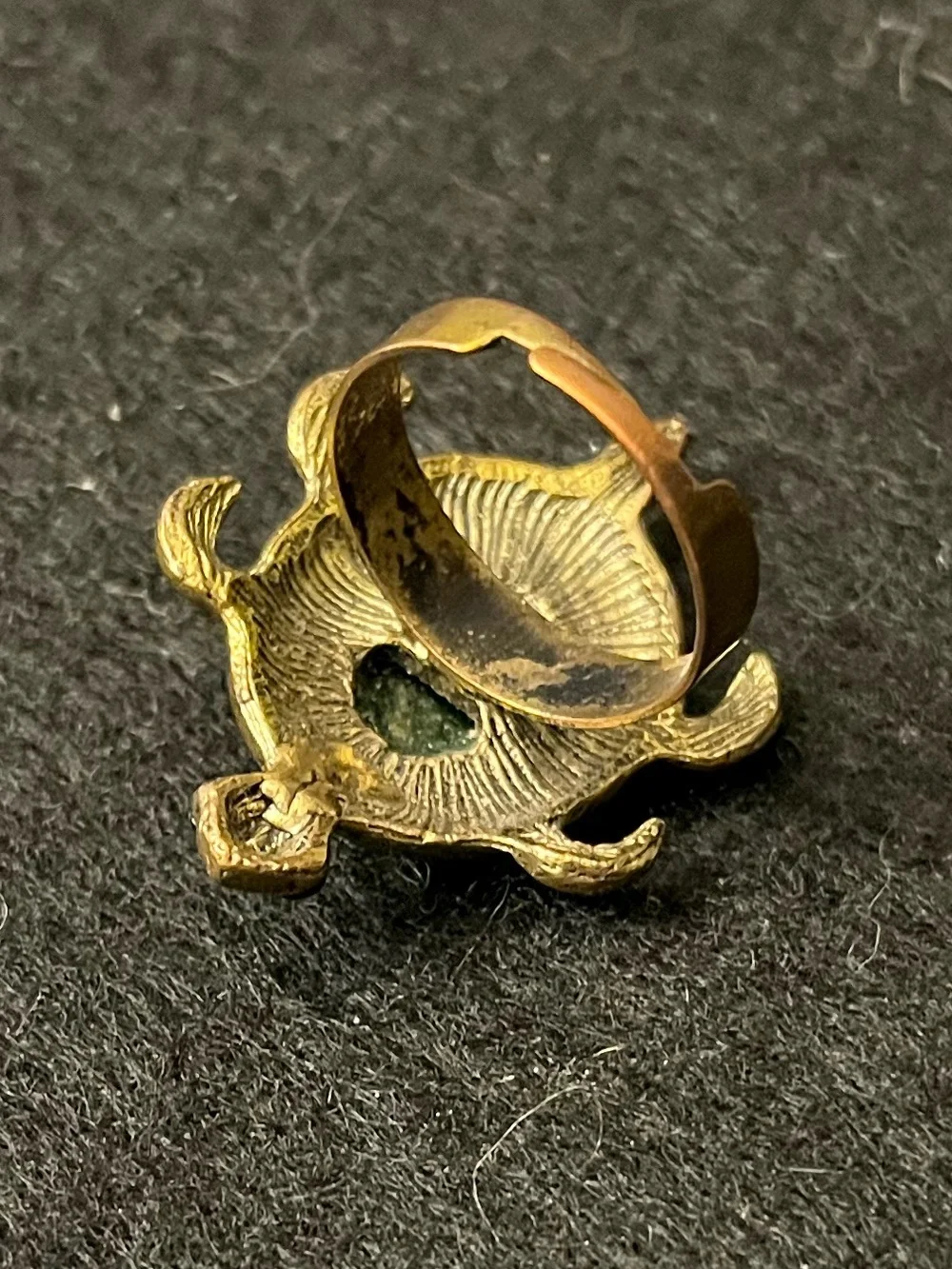 Vintage Turtle Ring with Green Faceted Stone and Antique Gold Finish Adjustable